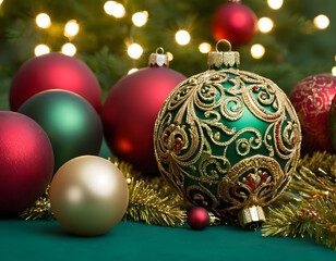 christmas tree decorations isolated, A collection of elegant Christmas decorations with red, green, and gold ornaments lying on a green background, creating a festive and joyful atmosphere