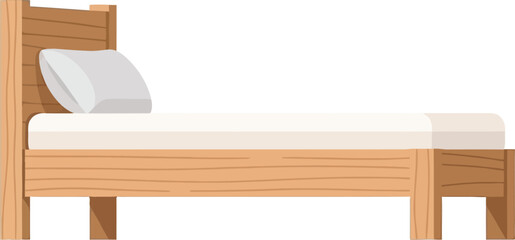Simple wooden single bed with white mattress and pillow flat illustration isolated