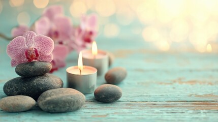 Arrangement of stones, candles, and orchid on wooden table at a spa setting