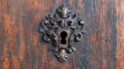 Close view of an old door with a decorative keyhole and wooden texture