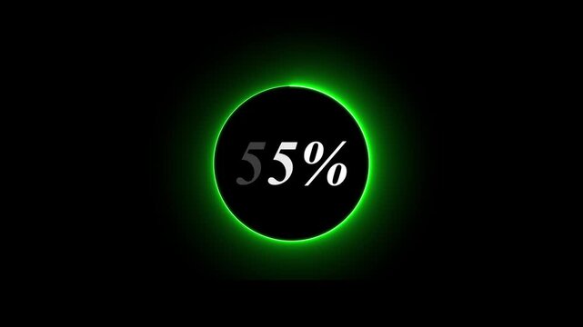 Abstract glowing neon circle loading bar animation on black background . Neon circle in charging percent icon. futuristic technology concept on animation video.. 55% charge available now .