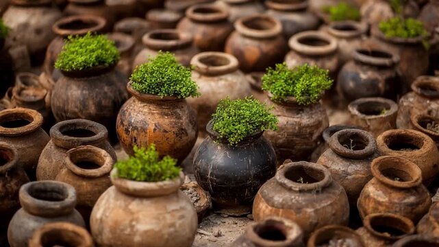 Clay pots holding robust tree seedlings showcase traditional containerized growing methods emphasizing natural material benefits and healthy root development