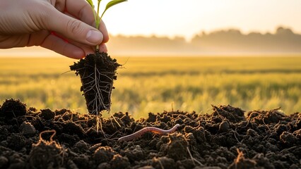 Gardening and sustainability concept with hands planting a young green seedling into rich soil with an earthworm.