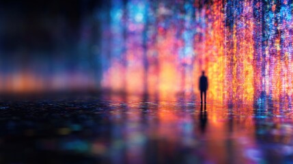 Fototapeta premium Digital lights shine on a figure standing in a vibrant landscape at night