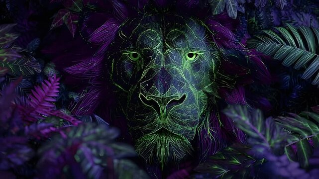 Neon Glowing Lion Face in Dark Jungle Foliage