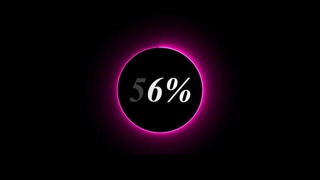 Abstract glowing neon circle loading bar animation on black background . Neon circle in charging percent icon. futuristic technology concept on animation video.. 56% charge available now .