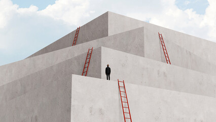 Man standing on minimalist tiered architectural platforms with red ladders, representing career growth, professional challenges, and the climb to success, 3D render