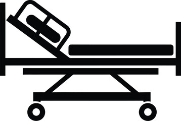 A black silhouette icon of a hospital bed on wheels with an elevated headrest