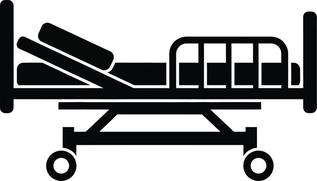 A black silhouette icon depicting a hospital bed with adjustable headrest and wheels
