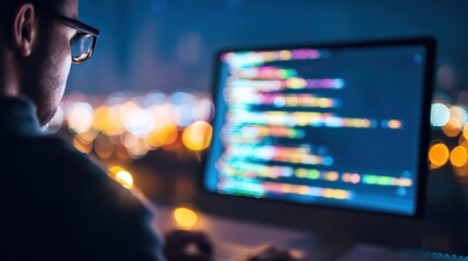 Working on computer at night with city lights in background