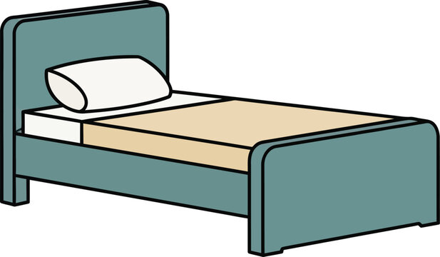 An isolated cartoon drawing of a single bed, complete with a pillow and blanket in a flat design style.