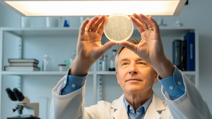 Senior Caucasian man in a lab coat examines a petri dish under bright light. Laboratory setting with scientific equipment in the background.