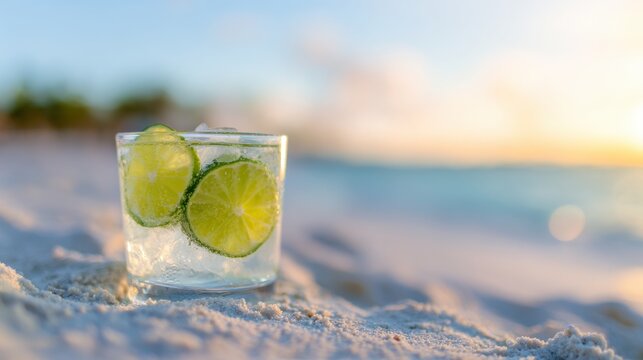 Refreshing drink with lime on beach sand during sunset by ocean