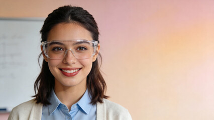 Young woman wearing safety goggles and smiling in a classroom