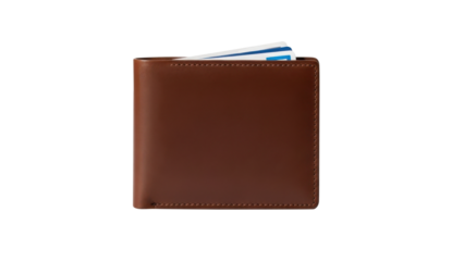 Brown leather wallet with blue card sticking out isolated on transparent background