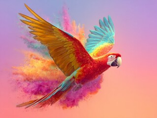 Obraz premium Parrot explode in colorful powder against gradient pastel background