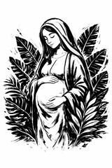 Black and white ink drawing of pregnant Virgin Mary with tropical leaves, hand drawn linocut style Mother of God illustration for religious craft, Christian community posters and spiritual t-shirt art