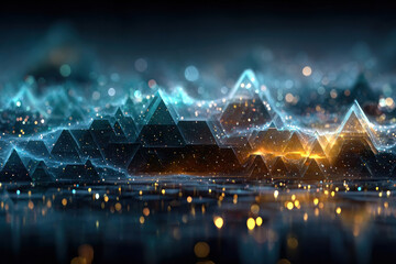 An abstract technological landscape with transparent geometric shapes reminiscent of crystalline mountains or digital data waves.  