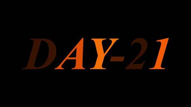 A glitchy DAY-21 countdown text in Orange color with dripping effect, set on a black background. Designed for horror or suspenseful intros. 21 days countdown . 4k animation.