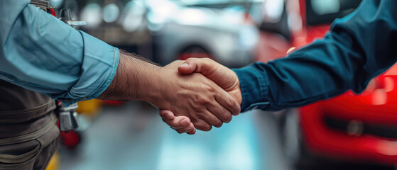 Close-up of professional handshake between car mechanic and client inside auto service workshop, trust, agreement, customer service and automotive repair or buy concept.