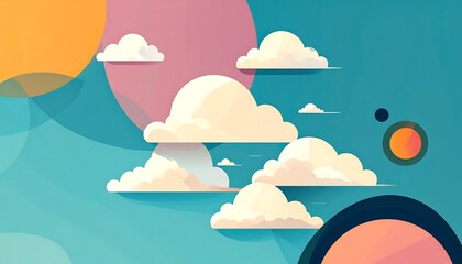 Graphic of clouds on a teal background with pink, yellow, and dark blue circles creating a playful, abstract scene