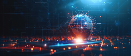 Futuristic smartphone projecting a glowing holographic globe with interconnected digital nodes, symbolizing global communication, high-tech connectivity, data transfer and modern mobile technology.