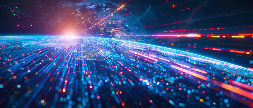 Futuristic global data streams glowing in blue and red light above Earth, representing digital connectivity, high-speed information flow and modern worldwide communication technology. - Powered by Adobe