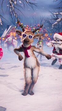 Christmas Party: Funny reindeer, Santa Claus and polar bears dance on a winter holiday background. Animated video for greeting cards, festive events, and New Year&rsquo;s parties.