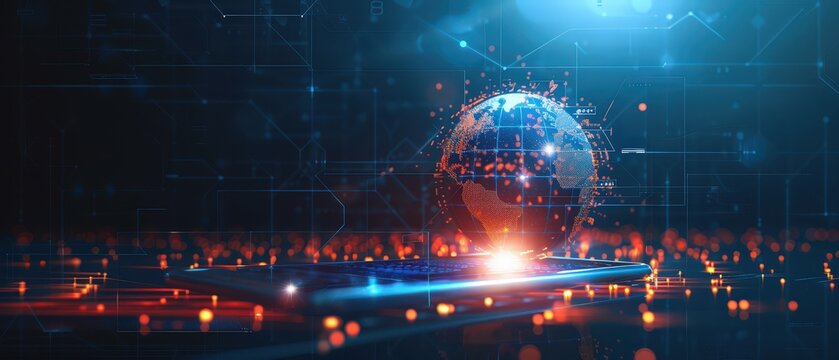 Futuristic smartphone projecting a glowing holographic globe with interconnected digital nodes, symbolizing global communication, high-tech connectivity, data transfer and modern mobile technology. - Powered by Adobe