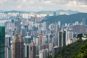 Obraz premium View of Hong Kong and Kowloon from Victoria peak. Panorama of Hong Kong, skyscrapers and nature. 21 May 2025, Hong Kong, China