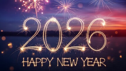 Happy New Year Christmas celebration greeting card with golden fireworks stars and festive lights illustration