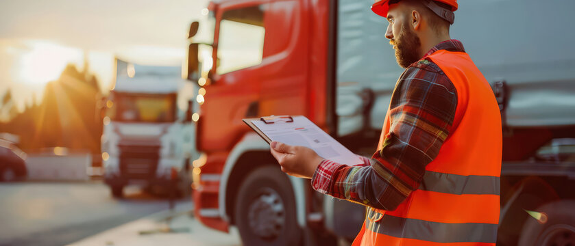 Logistics worker wearing safety vest and helmet inspecting delivery truck with clipboard. Concept of transport control, vehicle inspection, fleet management and logistics operations. - Powered by Adobe