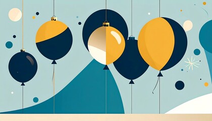 Graphic of stylized balloons in gold & navy, with dots against a pale blue backdrop and a light base