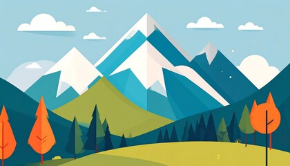 Geometric mountain range with snow-capped peaks, set against a bright, layered blue sky with fluffy clouds