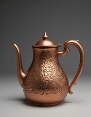 Hyper‑detailed product rendering of a polished copper teapot with an intricate Celtic swirl pattern, illuminated by soft rim light on a plain gray surface.
