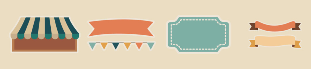 Market and Fair Design Elements with Tent, Banners, and Tickets