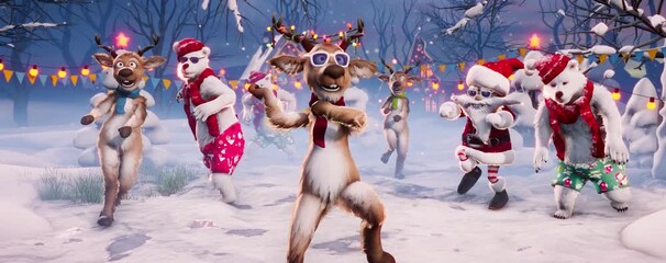 Christmas Party: Funny reindeer, Santa Claus and polar bears dance on a winter holiday background. Animated video for greeting cards, festive events, and New Year’s parties. - Powered by Adobe