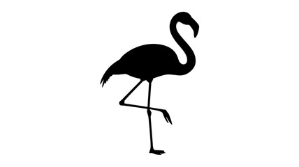 A black silhouette of a flamingo standing in a graceful pose against a white background.