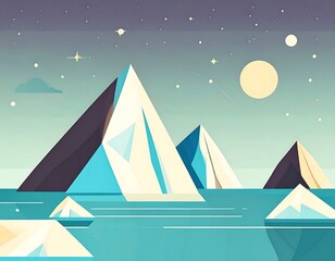 Geometric mountains meet water under a starry sky, featuring moon and star elements. Cool tones dominate the scene