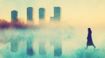 Woman walks by lake near tall buildings during foggy morning