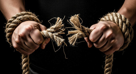 Hands breaking rope shackles isolated on black background