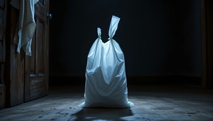 A large plastic bag placed in the foreground, occupying a substantial portion of the frame, with its top twisted over the rim