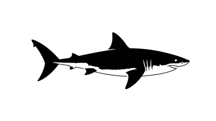Fototapeta premium A black silhouette of a shark swimming horizontally across a white background