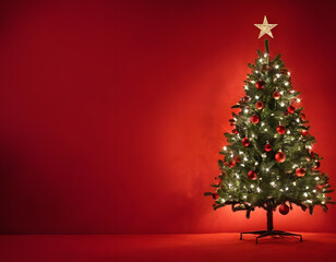 christmas tree on red background with copy text space, Stylish festive image of a Christmas tree cutout with a bright red backdrop capturing the holiday spirit