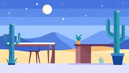 Flat desertscape features cacti flanking a table/desk, under a starry sky and moonlit mountains