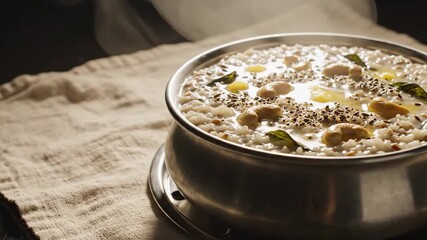 Indian rice porridge in stainless steel bowl with ghee and roasted cashews on beige linen cloth, warm sunlight, minimal rustic food styling, close-up