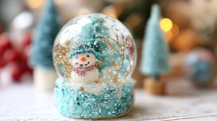 Snow globe with a snowman in a winter scene during holiday season