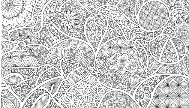 Intricate black and white abstract line art pattern with floral and geometric doodle details