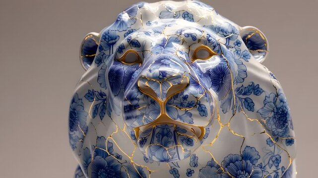 Ceramic lion sculpture with blue floral pattern and gold accents