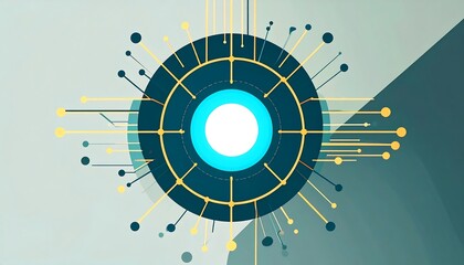 Geometric teal and gold radial design with central white glow, against a light gray and teal background